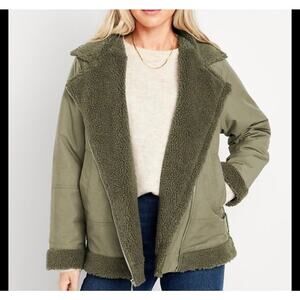 Old Navy Sherpa Lined Utility Jacket Olive Green Water Resistant Women's Small